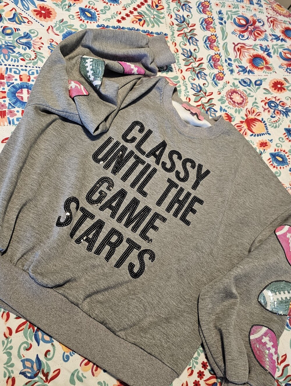 Simply Southern Sweatshirt Large Gray Classy Until Game Starts Sequin Football